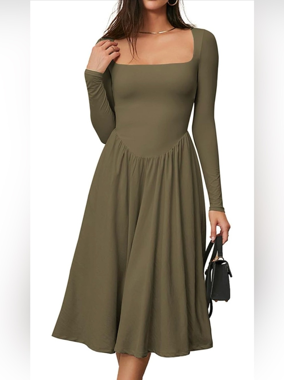 Square Neck Long-Sleeve Olive Green Fit-and-Flare Dress